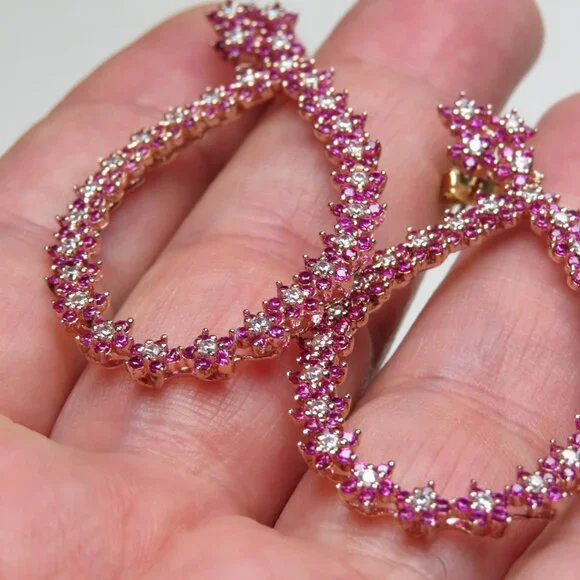 14k Pink Gold Sterling Silver Diamond & Ruby Earring